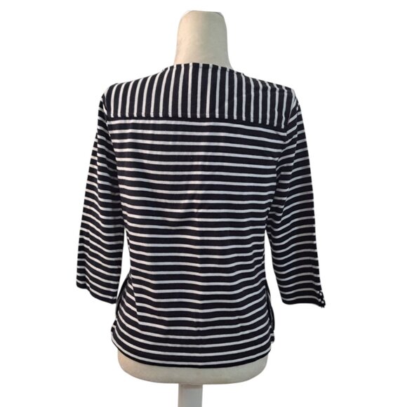 C Wonder Women's 3/4 Sleeve Full Zip Jacket Top Cotton Black White Striped Sz 8 - Picture 3 of 7